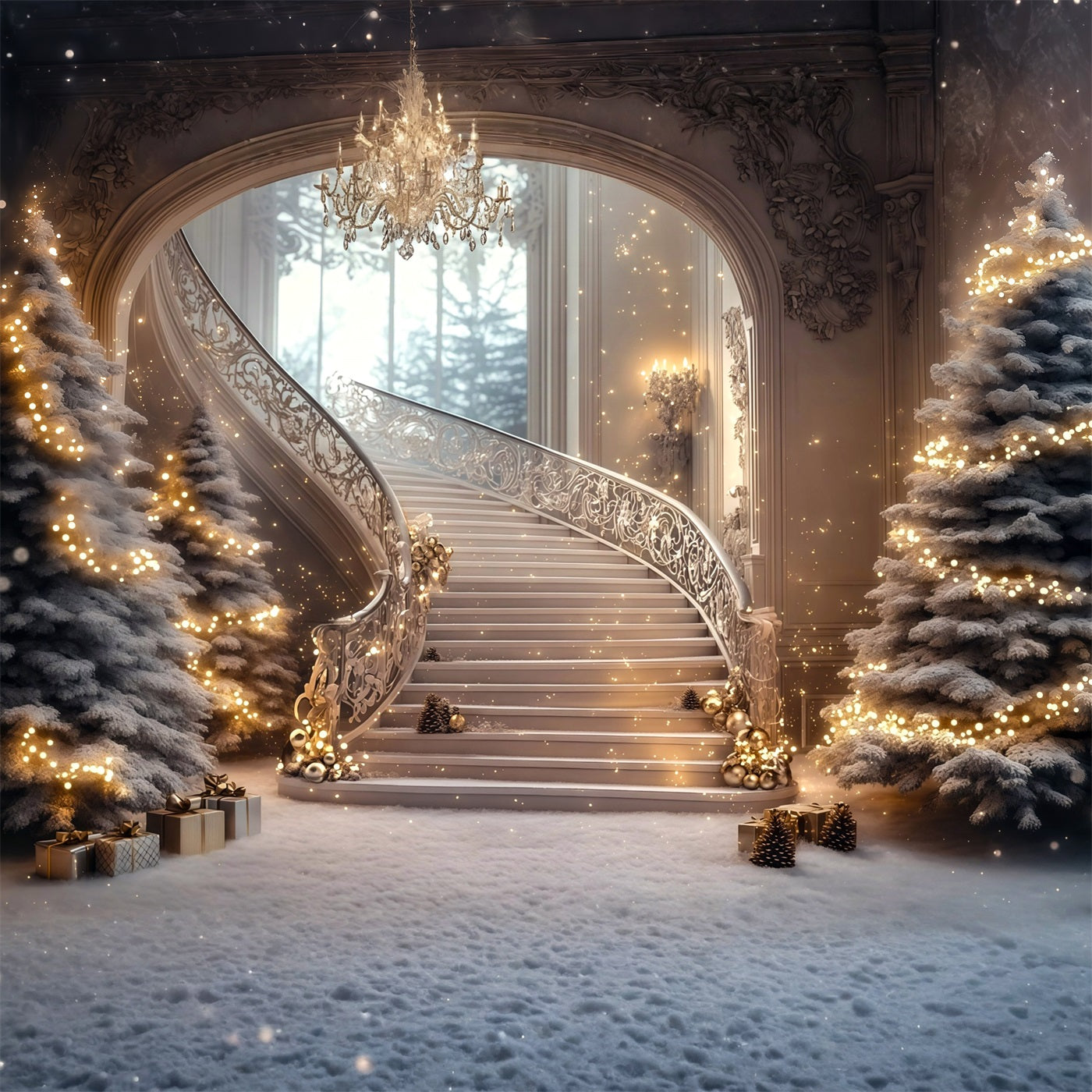 Large Christmas Backdrop Grand Staircase Sparkle Glow Backdrop Christmas RR69-2