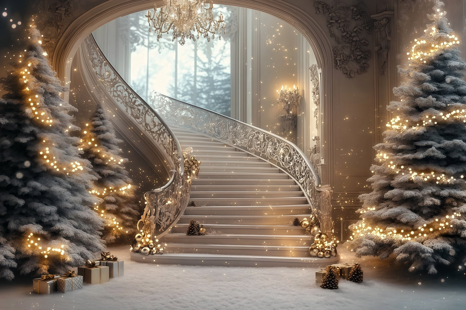 Large Christmas Backdrop Grand Staircase Sparkle Glow Backdrop Christmas RR69-2