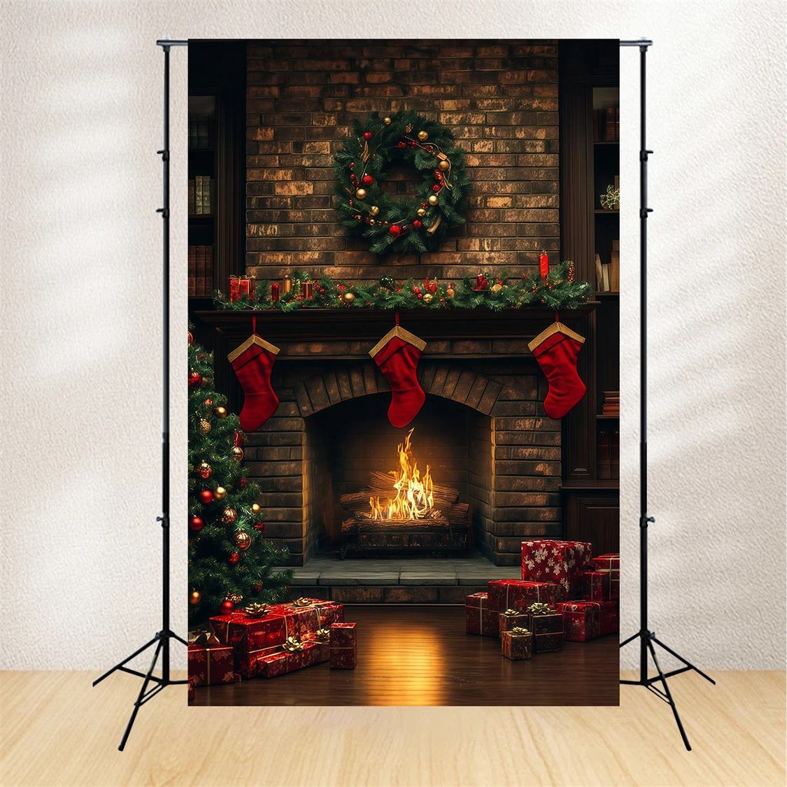 Cozy Christmas Backdrop Brick Fireplace Stocking Glow Studio Christmas Backdrop RR69-23