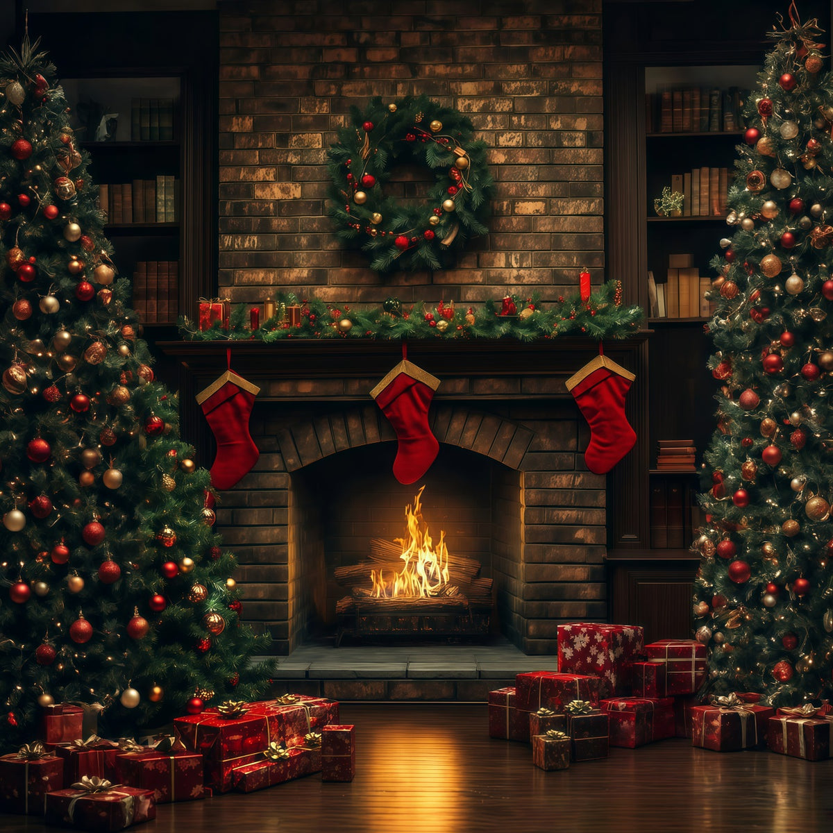 Cozy Christmas Backdrop Brick Fireplace Stocking Glow Studio Christmas Backdrop RR69-23
