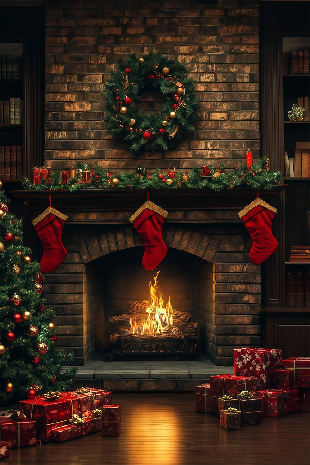 Cozy Christmas Backdrop Brick Fireplace Stocking Glow Studio Christmas Backdrop RR69-23