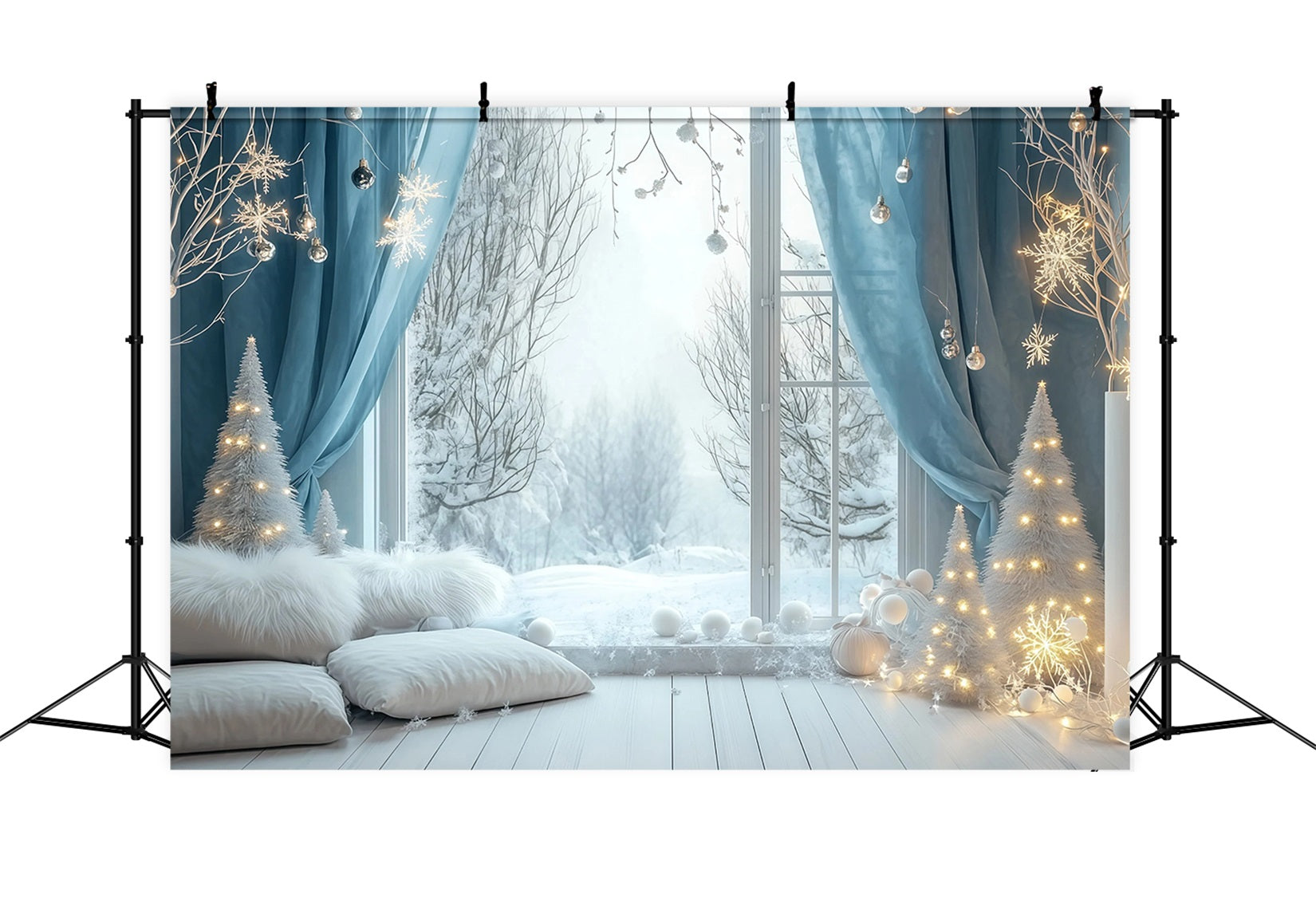 Christmas Lights Backdrop Snowy Blue Window Bedroom Studio Christmas Backdrops RR69-24