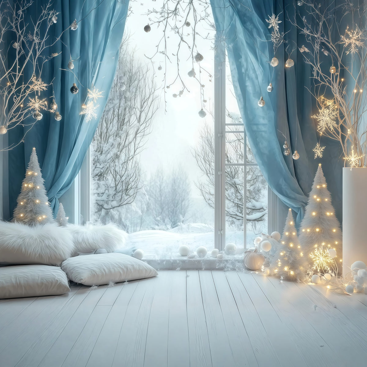 Christmas Lights Backdrop Snowy Blue Window Bedroom Studio Christmas Backdrops RR69-24
