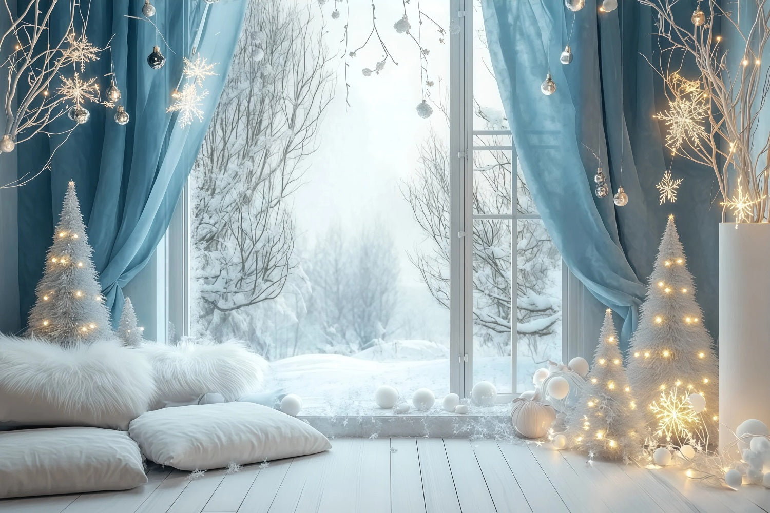 Christmas Lights Backdrop Snowy Blue Window Bedroom Studio Christmas Backdrops RR69-24