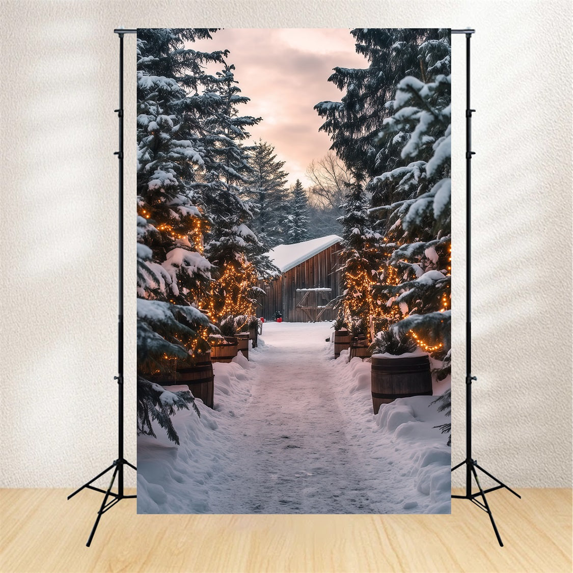 Christmas Cabin Backdrop Snowy Forest Light Path Christmas Studio Backdrop RR69-25