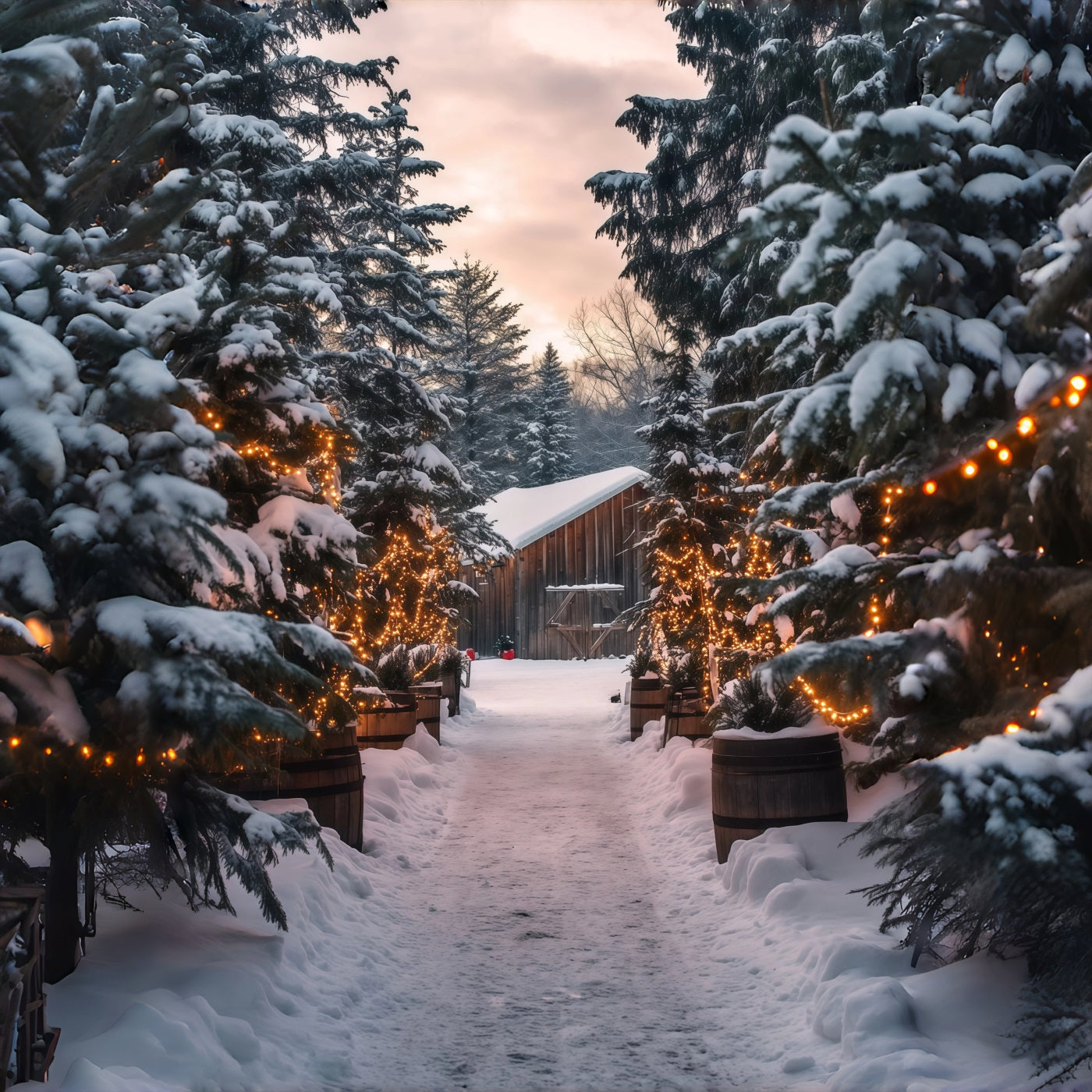 Christmas Cabin Backdrop Snowy Forest Light Path Christmas Studio Backdrop RR69-25