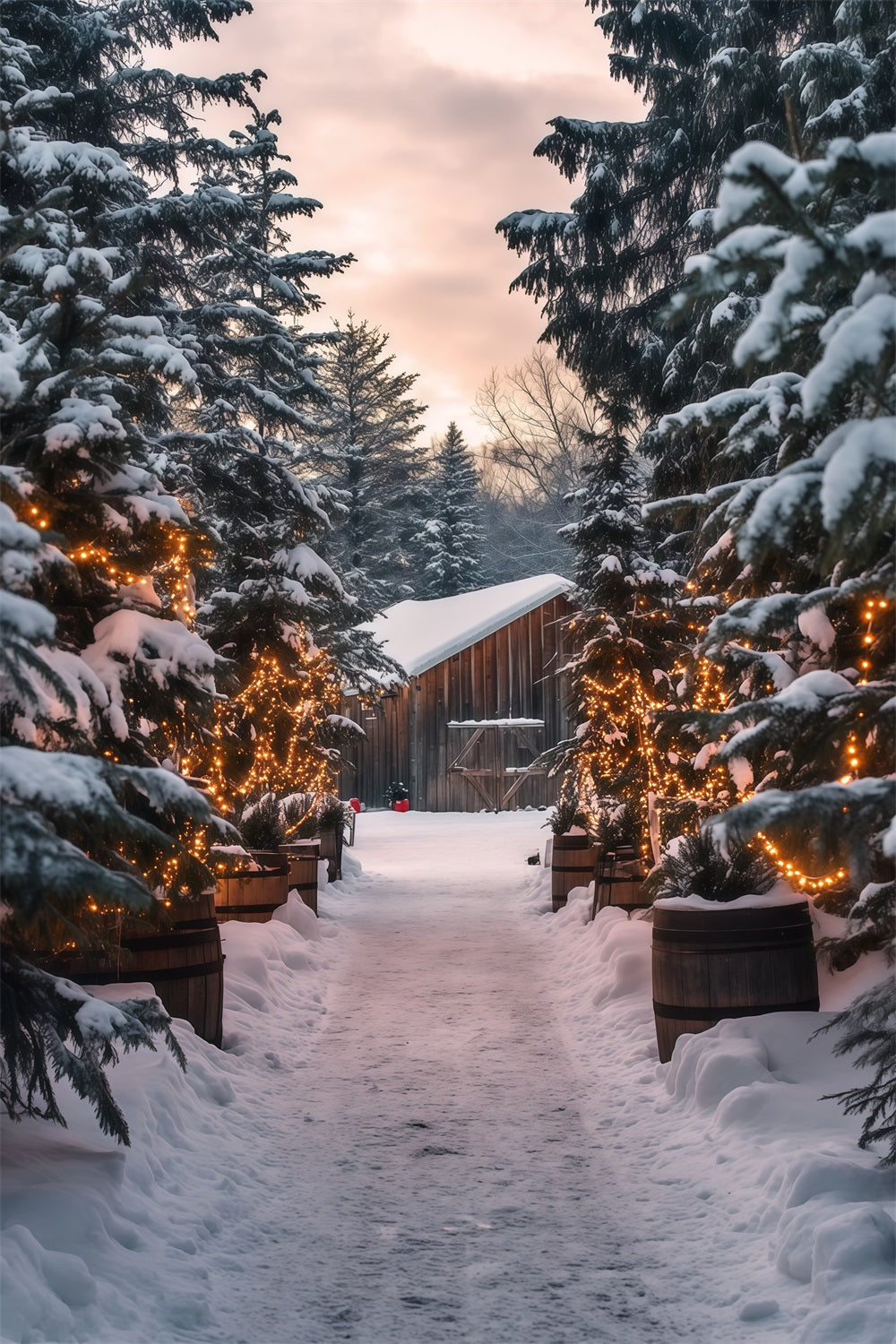 Christmas Cabin Backdrop Snowy Forest Light Path Christmas Studio Backdrop RR69-25