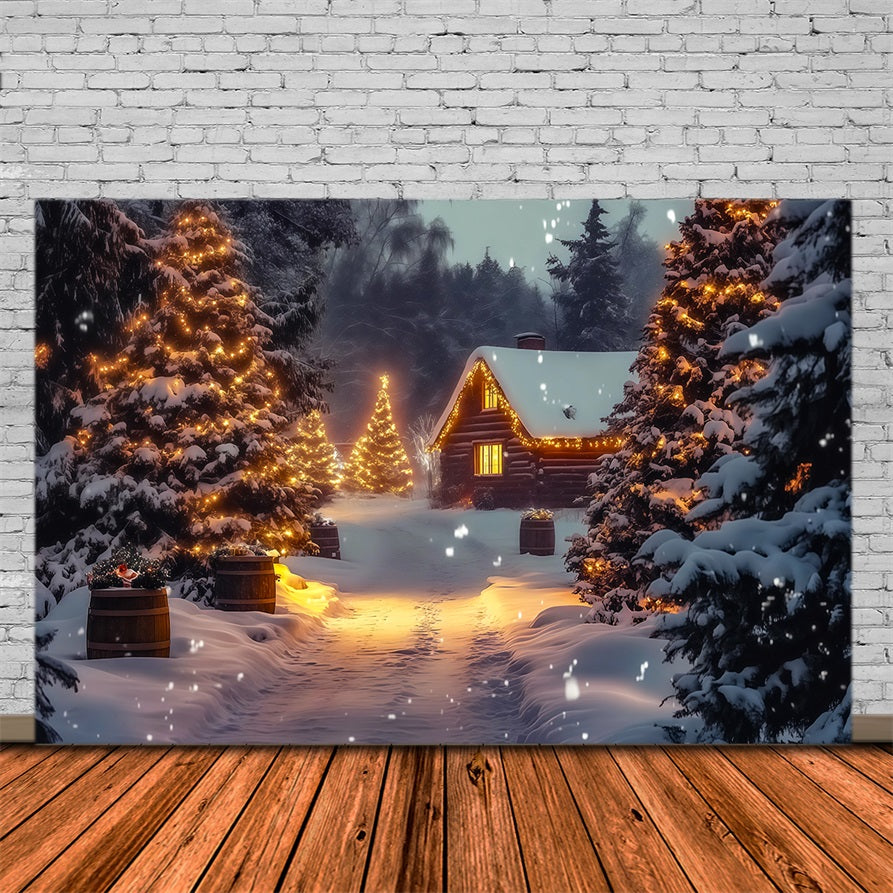 Winter Christmas Backdrop Cozy Cabin Pine Glow Christmas Muslin Backdrop RR69-26