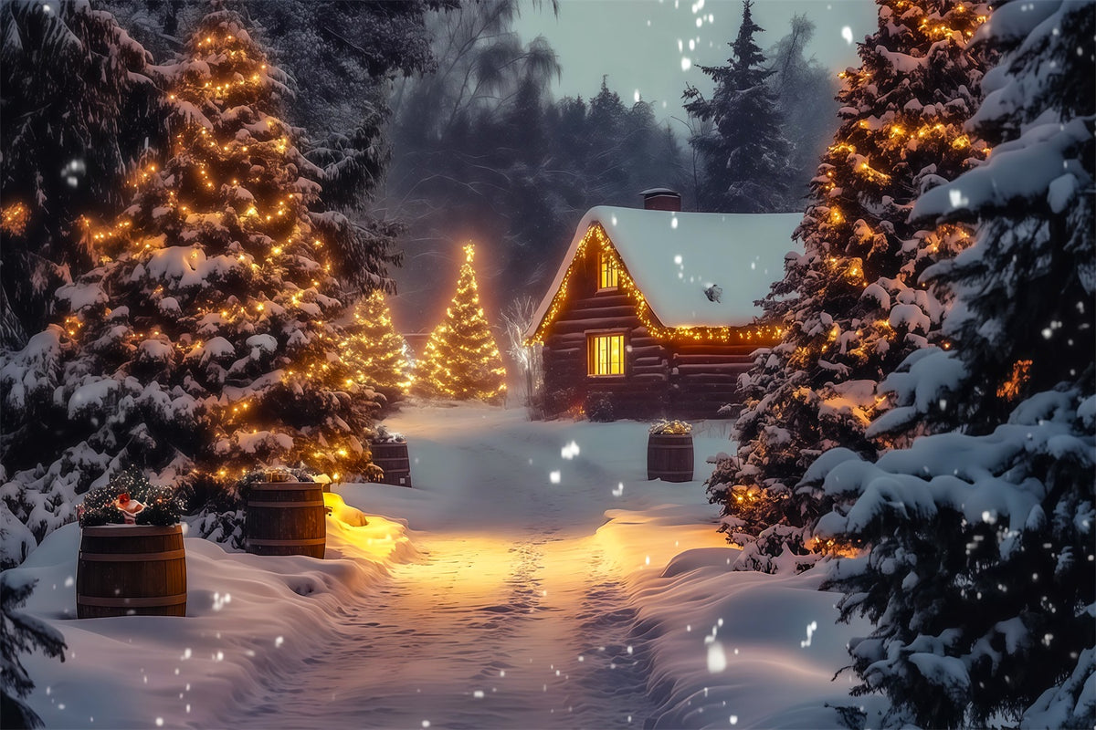 Winter Christmas Backdrop Cozy Cabin Pine Glow Christmas Muslin Backdrop RR69-26