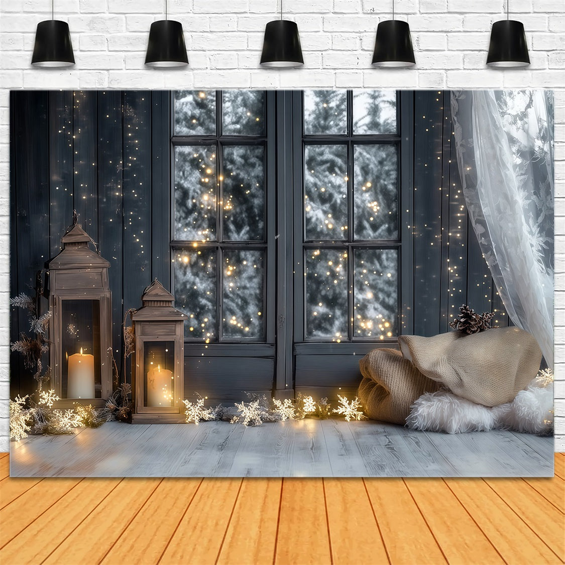 Christmas Lights Backdrop Frosted Window Lantern View Christmas Indoor Backdrop RR69-27