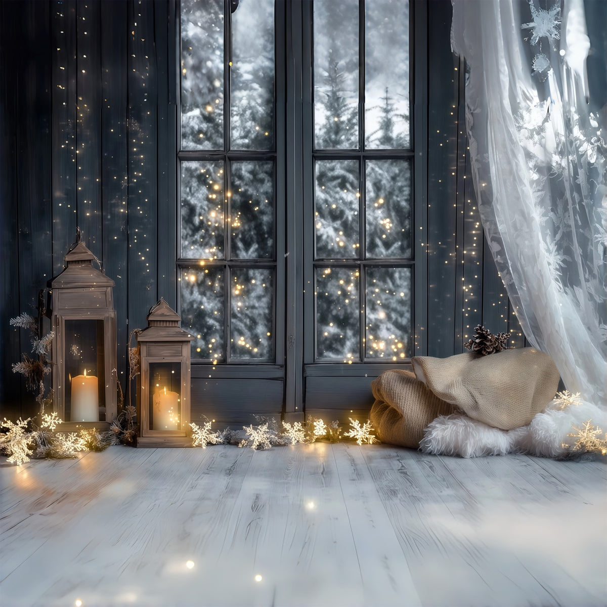 Christmas Lights Backdrop Frosted Window Lantern View Christmas Indoor Backdrop RR69-27