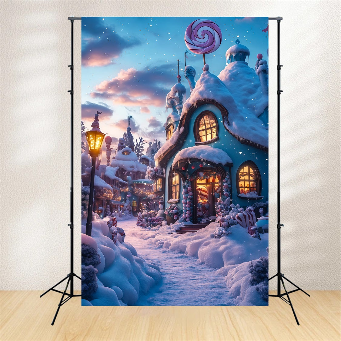 Christmas Village Backdrop Candyland Snowy Cottage Indoor Christmas Backdrops RR69-28