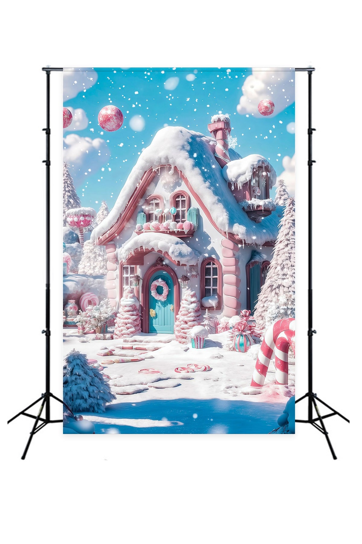 Candyland Christmas Backdrop Snowy Pink Candy Cottage Professional Christmas Backdrop RR69-29