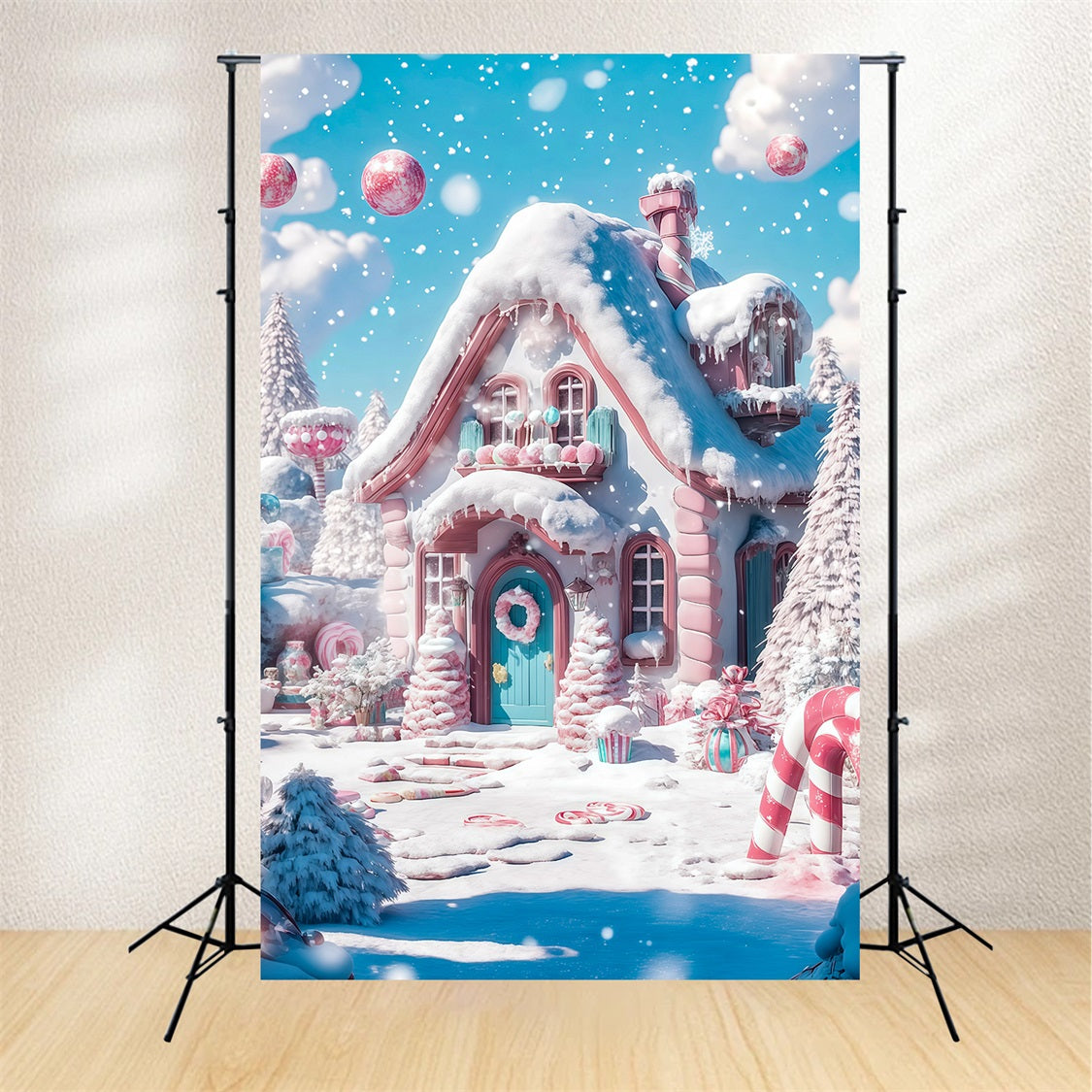 Candyland Christmas Backdrop Snowy Pink Candy Cottage Professional Christmas Backdrop RR69-29