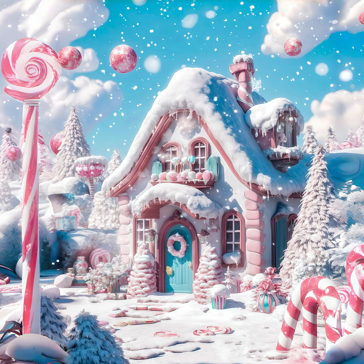Candyland Christmas Backdrop Snowy Pink Candy Cottage Professional Christmas Backdrop RR69-29