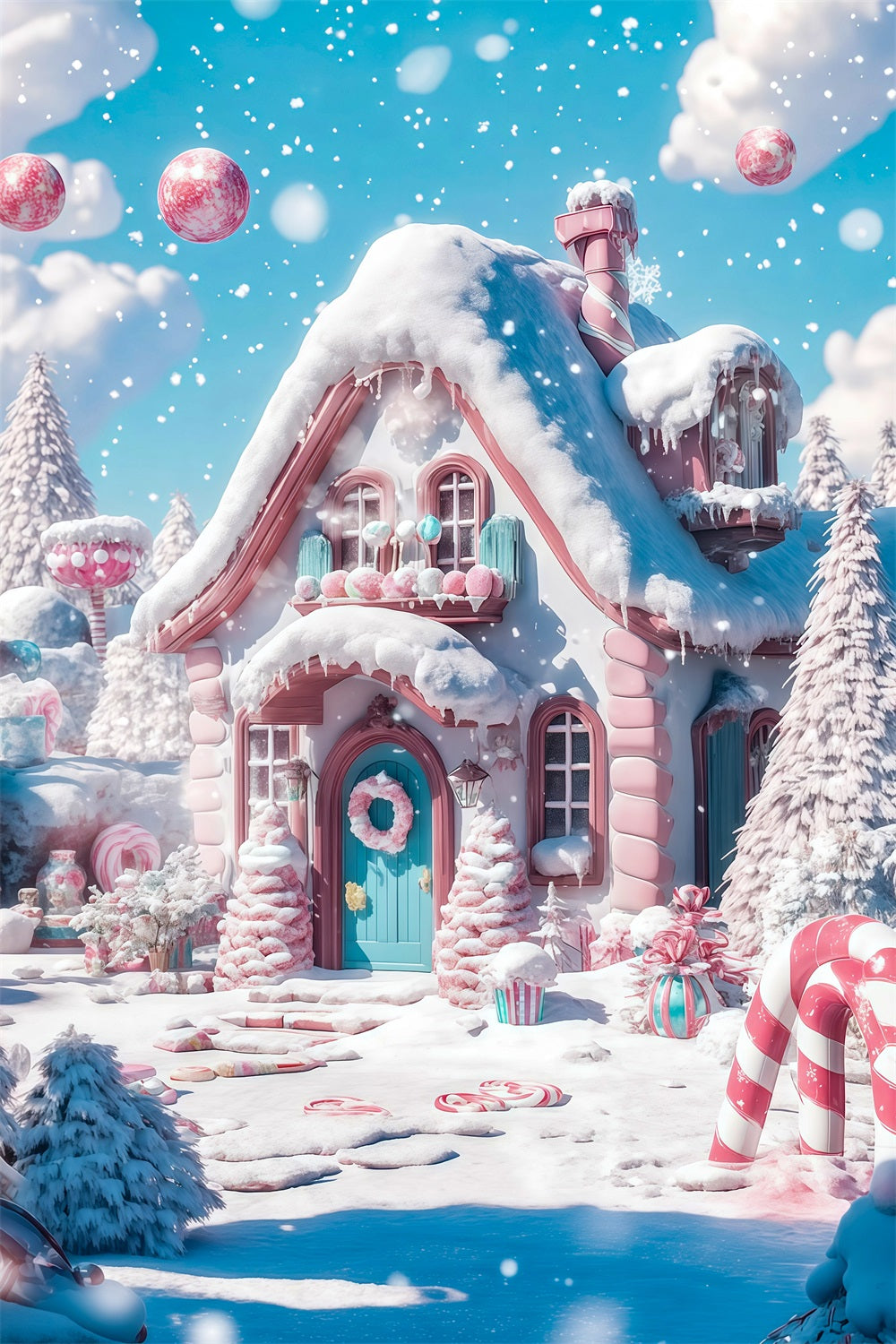 Candyland Christmas Backdrop Snowy Pink Candy Cottage Professional Christmas Backdrop RR69-29