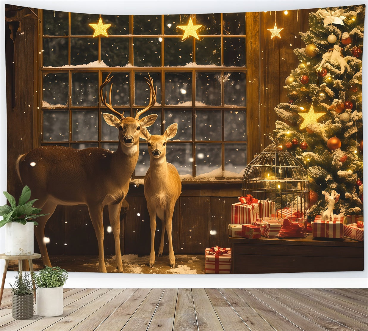 Christmas Window Backdrop Deer Stars Gift Corner Christmas Photography Backdrop RR69-3