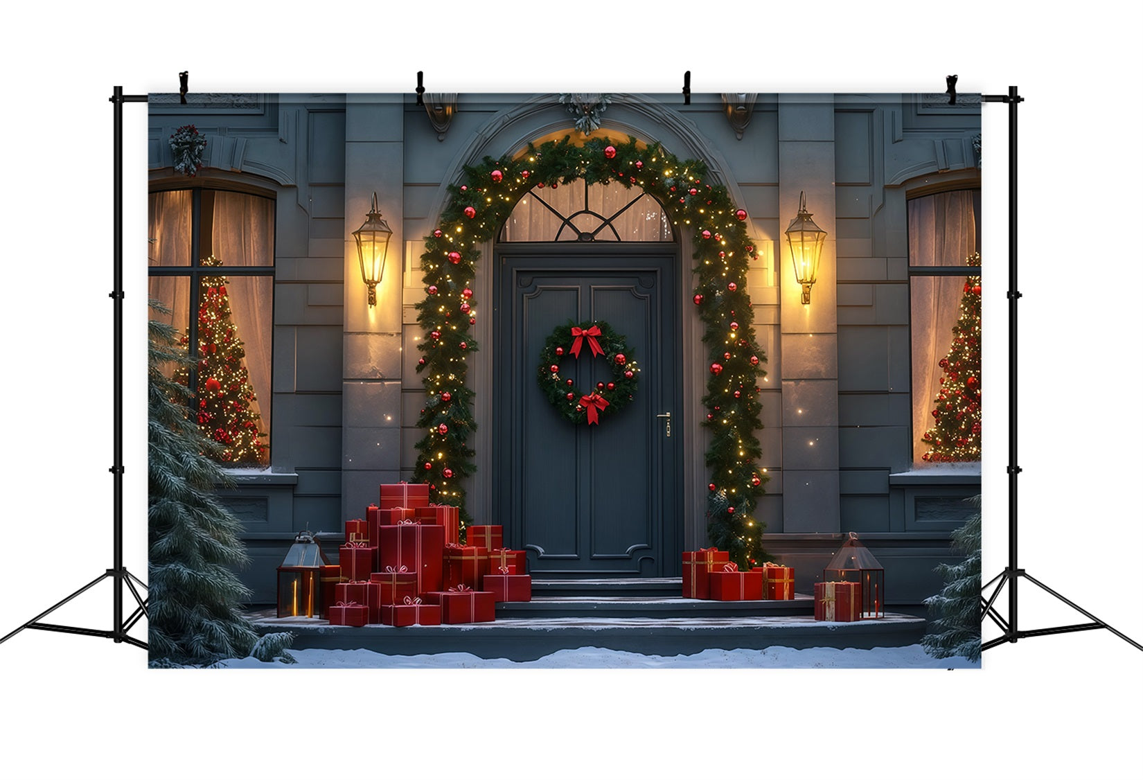 Christmas Night Backdrop Elegant Garland Door Entrance Muslin Christmas Backdrop RR69-31