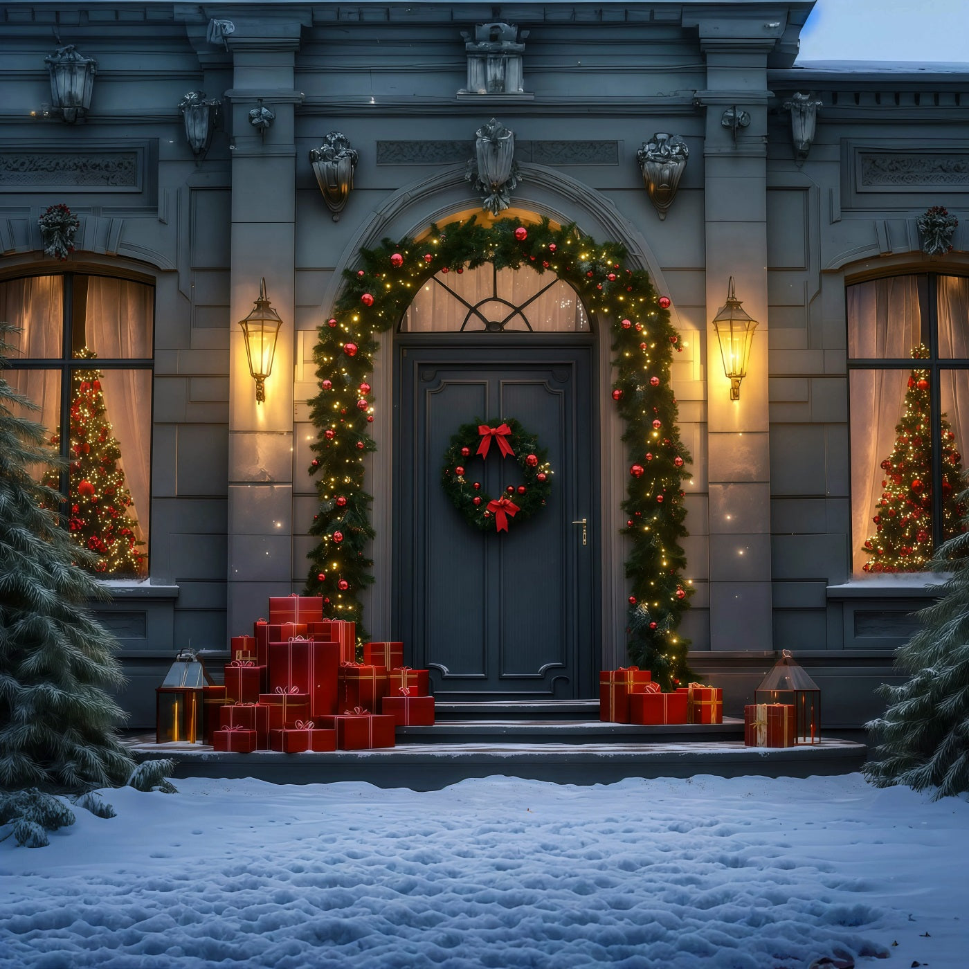 Christmas Night Backdrop Elegant Garland Door Entrance Muslin Christmas Backdrop RR69-31