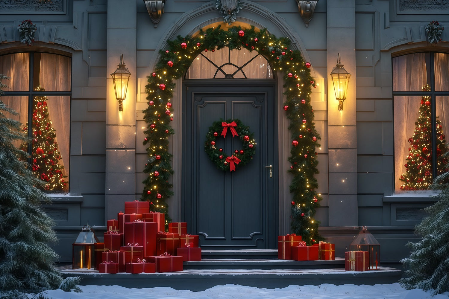 Christmas Night Backdrop Elegant Garland Door Entrance Muslin Christmas Backdrop RR69-31