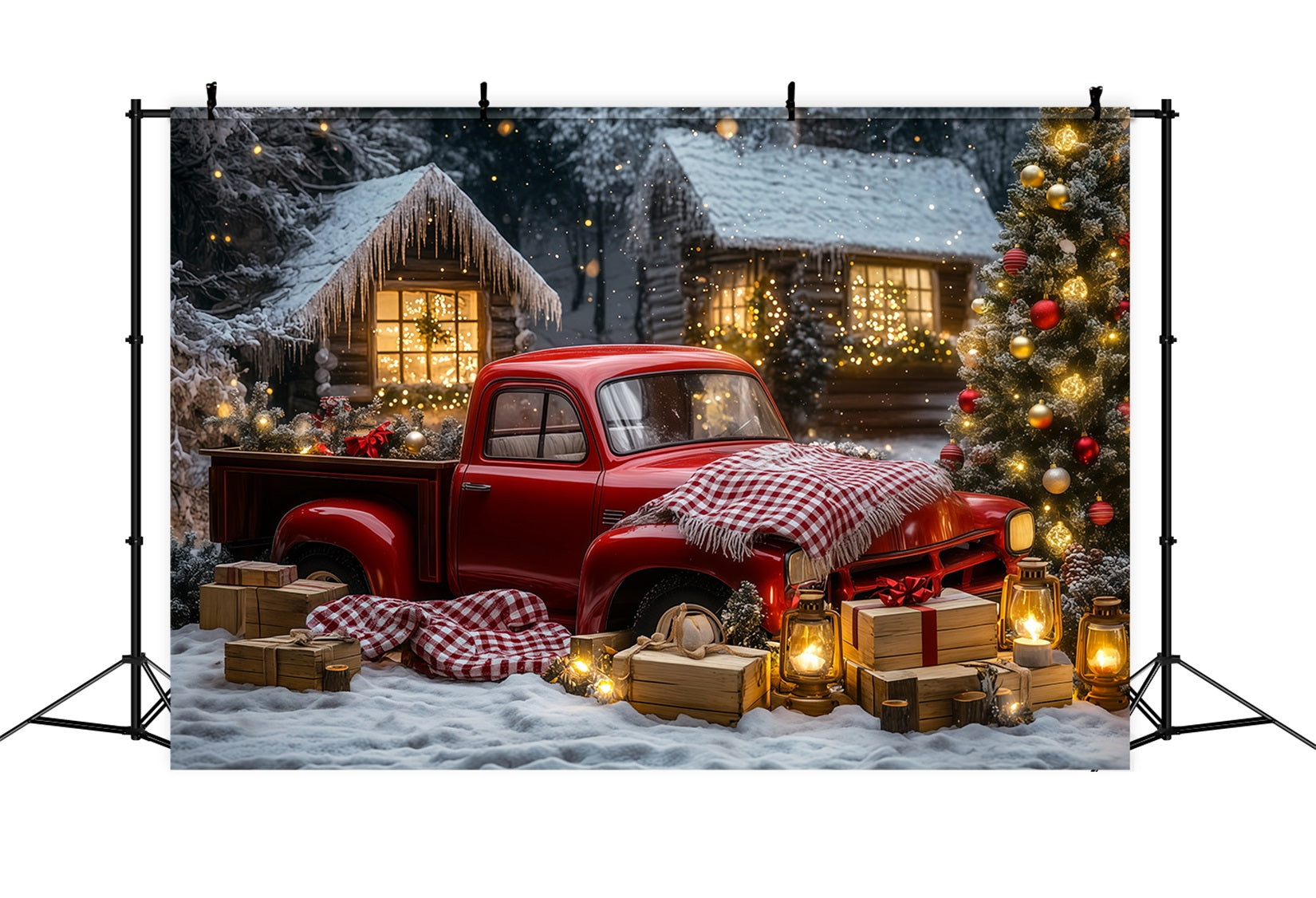 Christmas Truck Backdrop Vintage Car Woodland Cabin Muslin Backdrop Christmas RR69-32