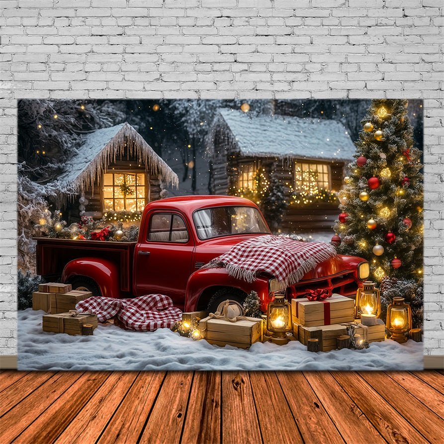 Christmas Truck Backdrop Vintage Car Woodland Cabin Muslin Backdrop Christmas RR69-32