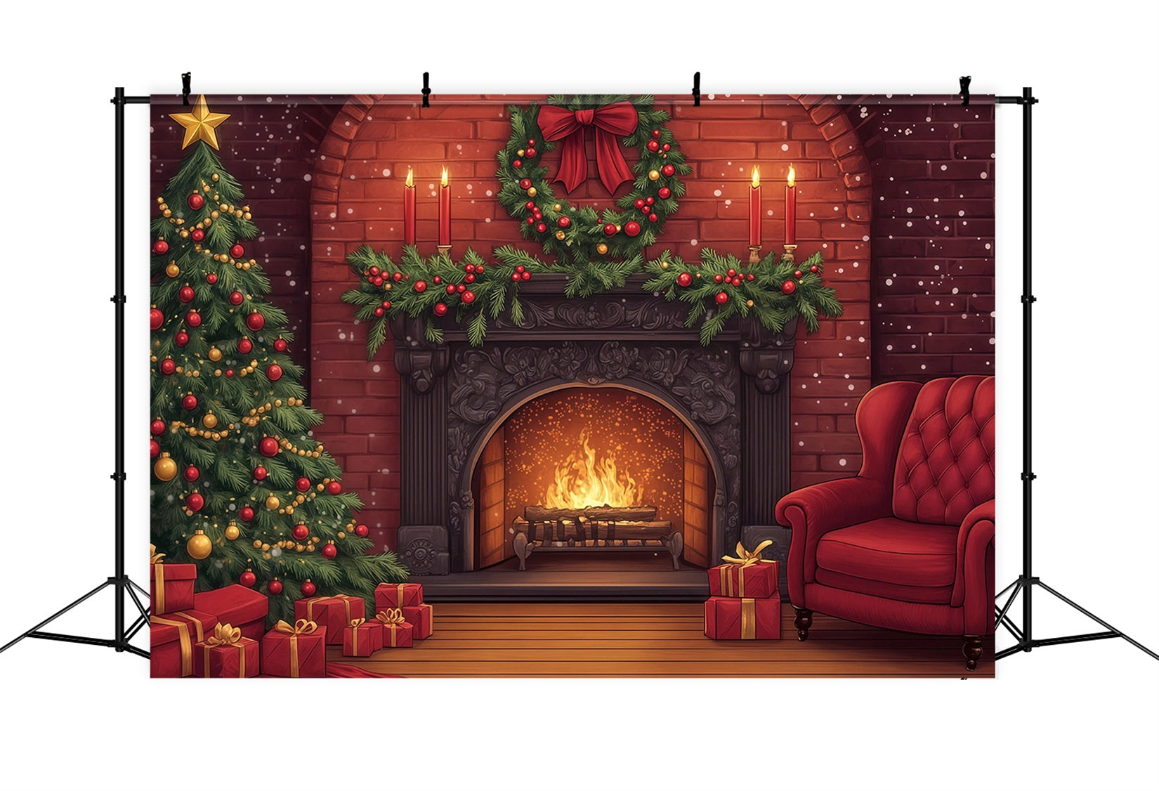 Cute Christmas Backdrop Brick Fireplace Garland Glow Photographic Backdrops Christmas RR69-33