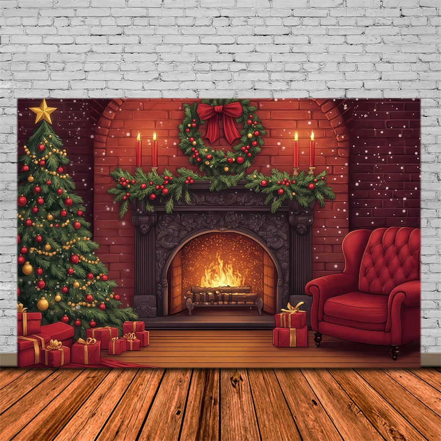 Cute Christmas Backdrop Brick Fireplace Garland Glow Photographic Backdrops Christmas RR69-33
