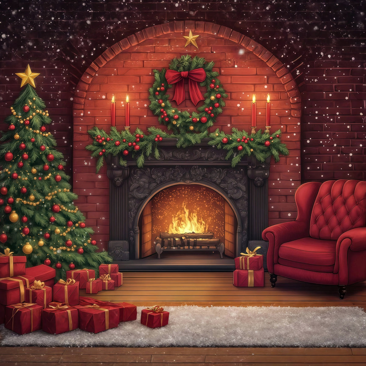 Cute Christmas Backdrop Brick Fireplace Garland Glow Photographic Backdrops Christmas RR69-33
