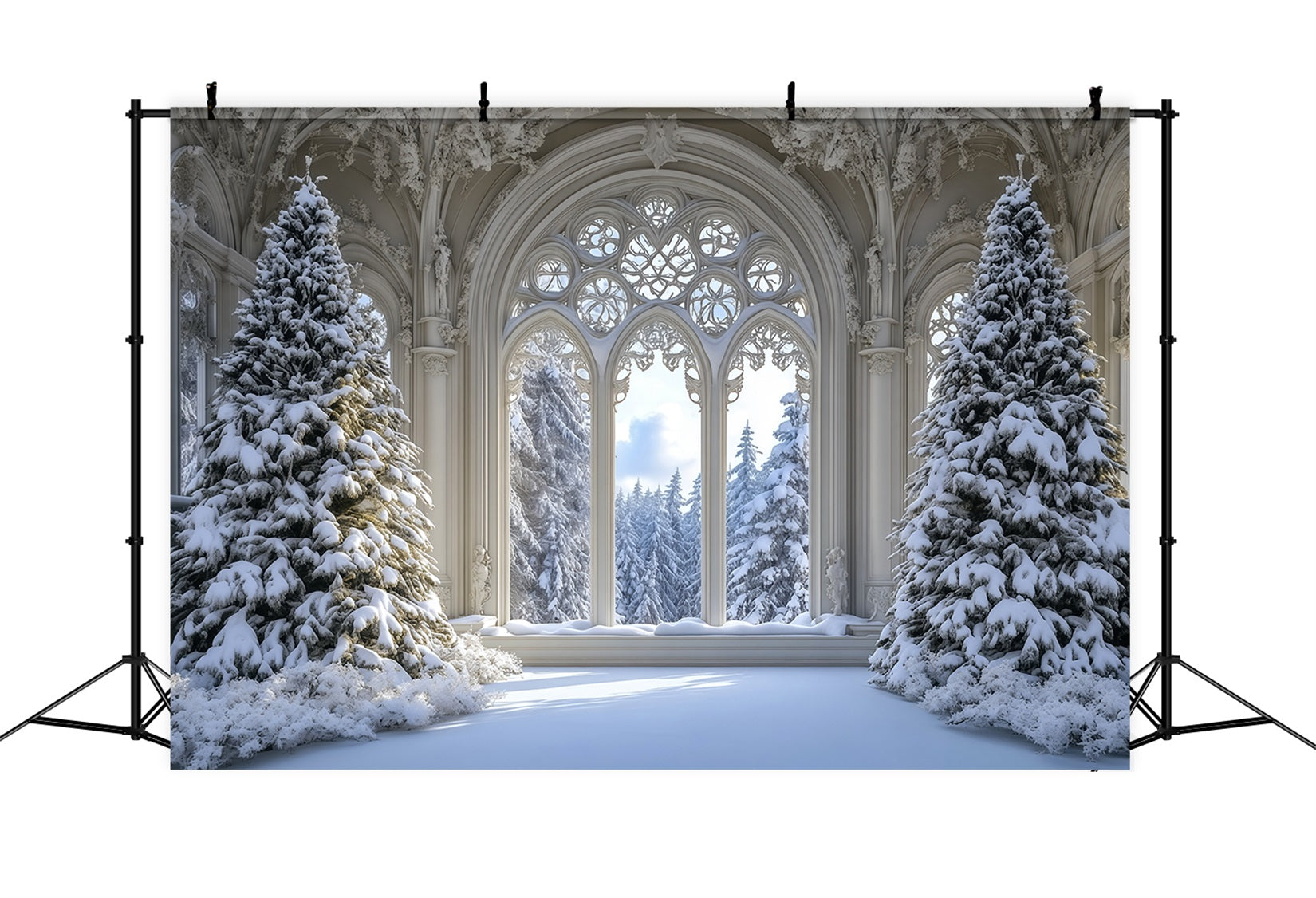 Christmas Tree Backdrop Snowy Gothic Window Forest Christmas Backdrop RR69-35