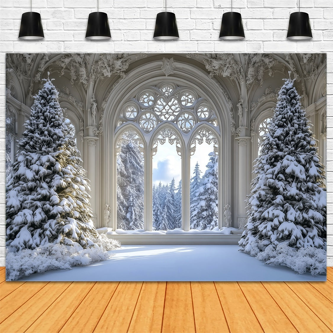 Christmas Tree Backdrop Snowy Gothic Window Forest Christmas Backdrop RR69-35