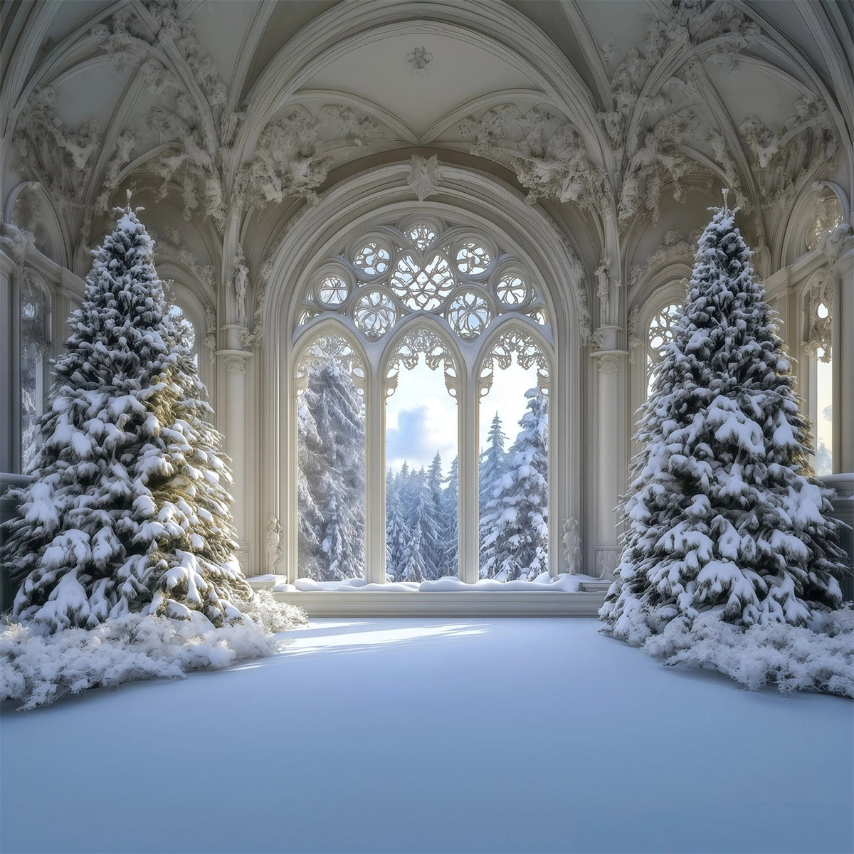 Christmas Tree Backdrop Snowy Gothic Window Forest Christmas Backdrop RR69-35