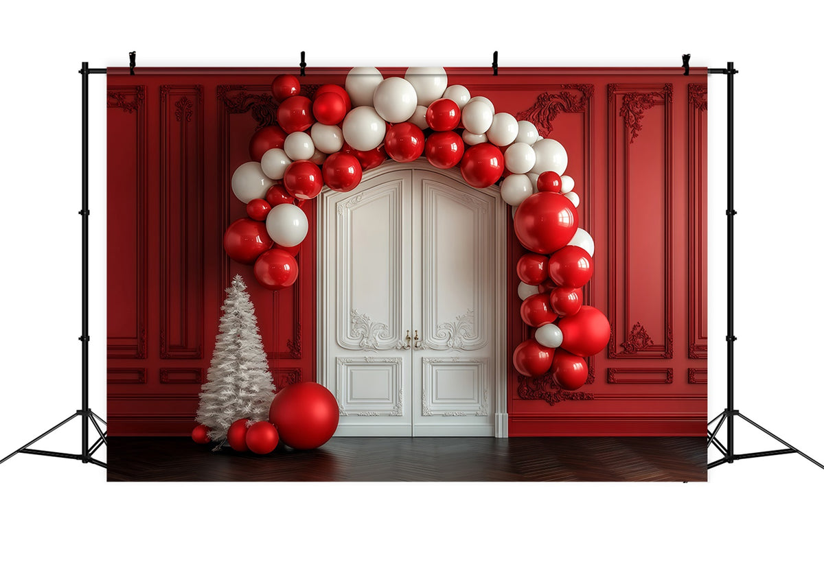 Christmas Balloon Arch Backdrop Red Wall White Door Entrance Christmas Backdrops RR69-36
