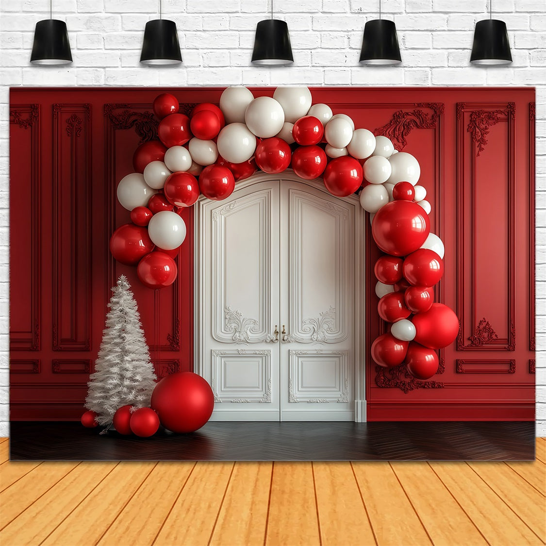 Christmas Balloon Arch Backdrop Red Wall White Door Entrance Christmas Backdrops RR69-36