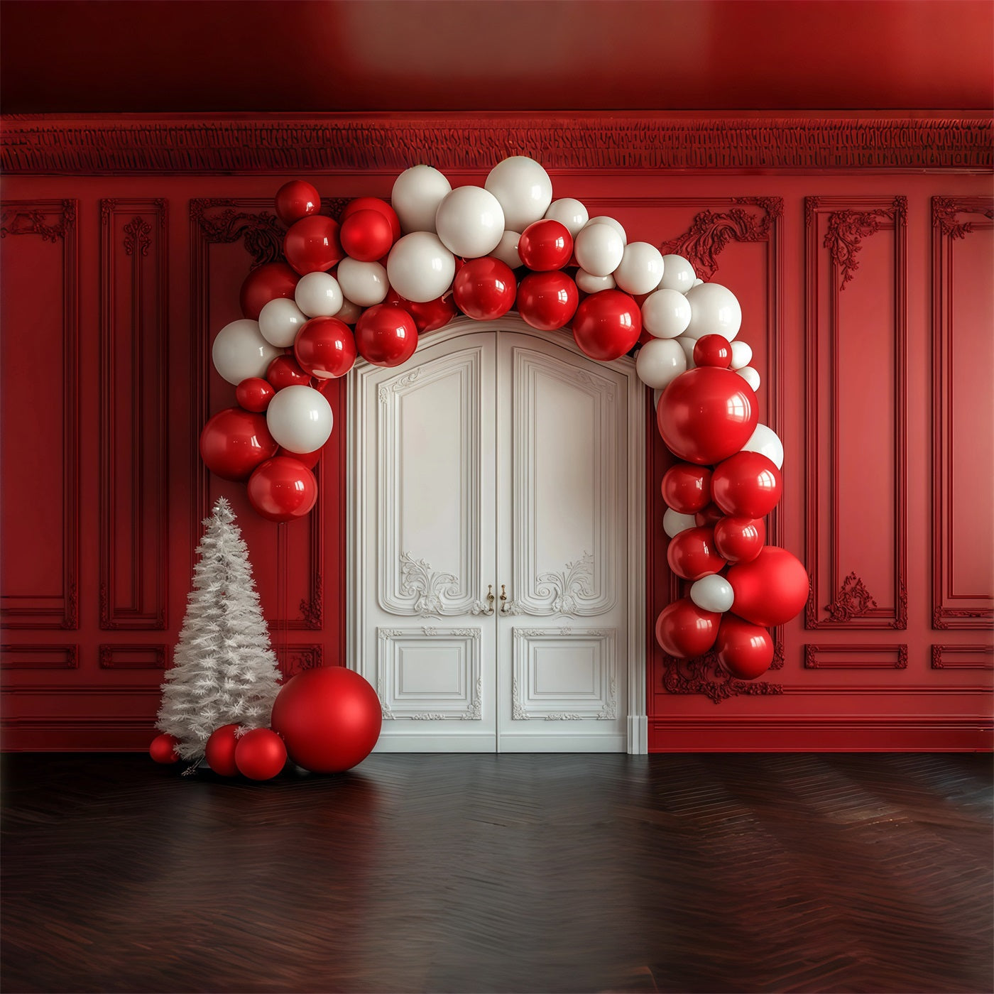 Christmas Balloon Arch Backdrop Red Wall White Door Entrance Christmas Backdrops RR69-36