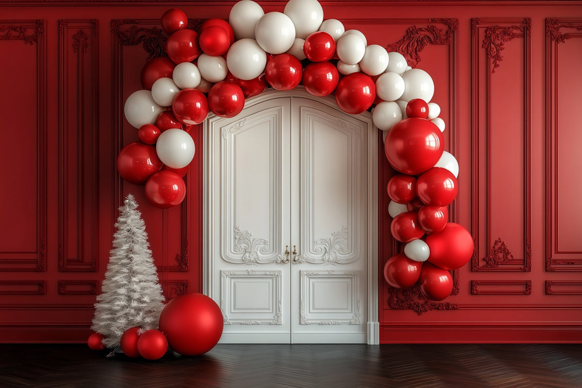 Christmas Balloon Arch Backdrop Red Wall White Door Entrance Christmas Backdrops RR69-36