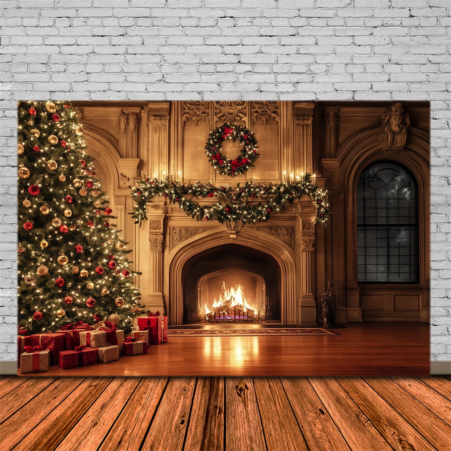 Cozy Christmas Backdrop Luxury Fireplace Garland Glow Christmas Photo Backdrop RR69-37