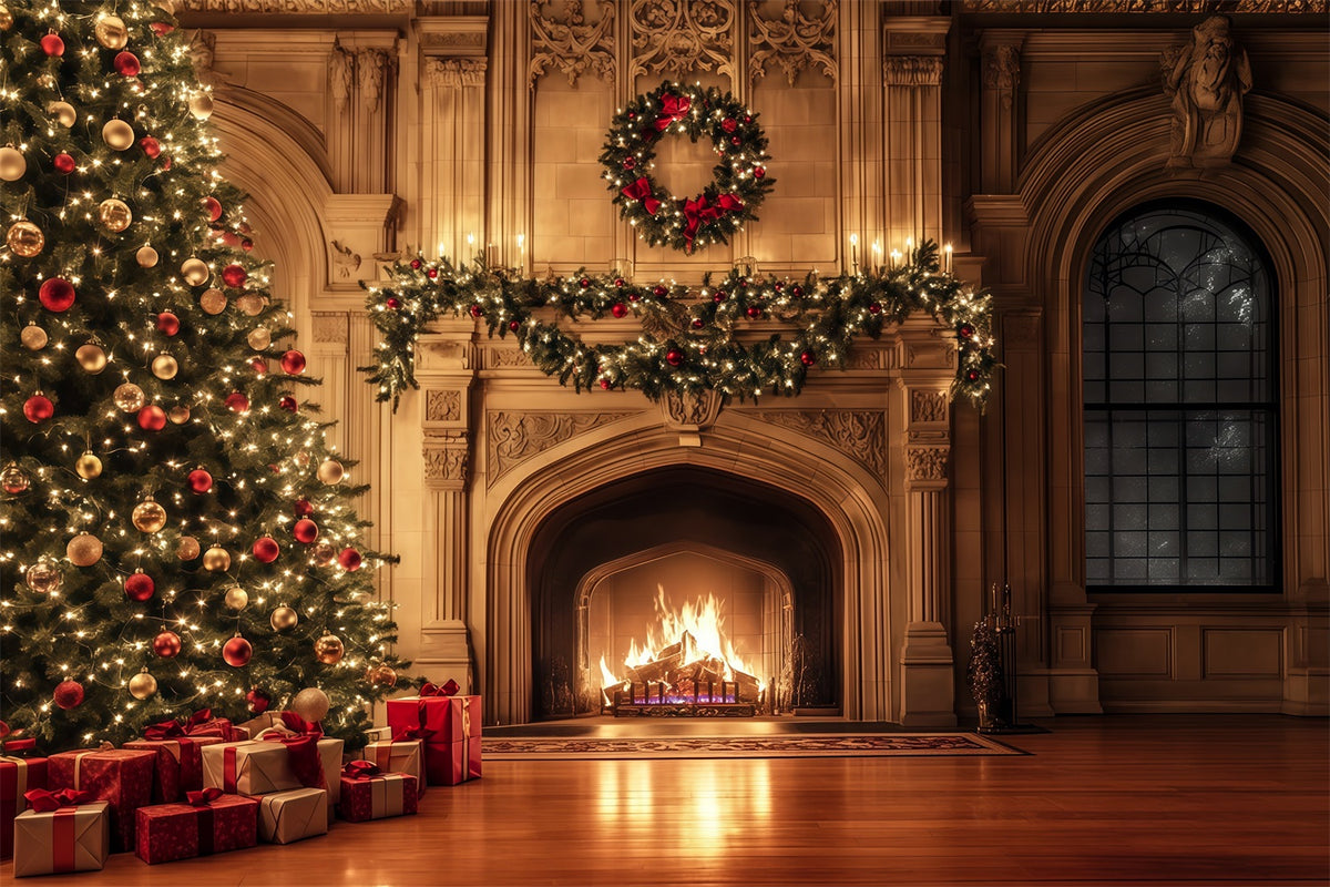 Cozy Christmas Backdrop Luxury Fireplace Garland Glow Christmas Photo Backdrop RR69-37