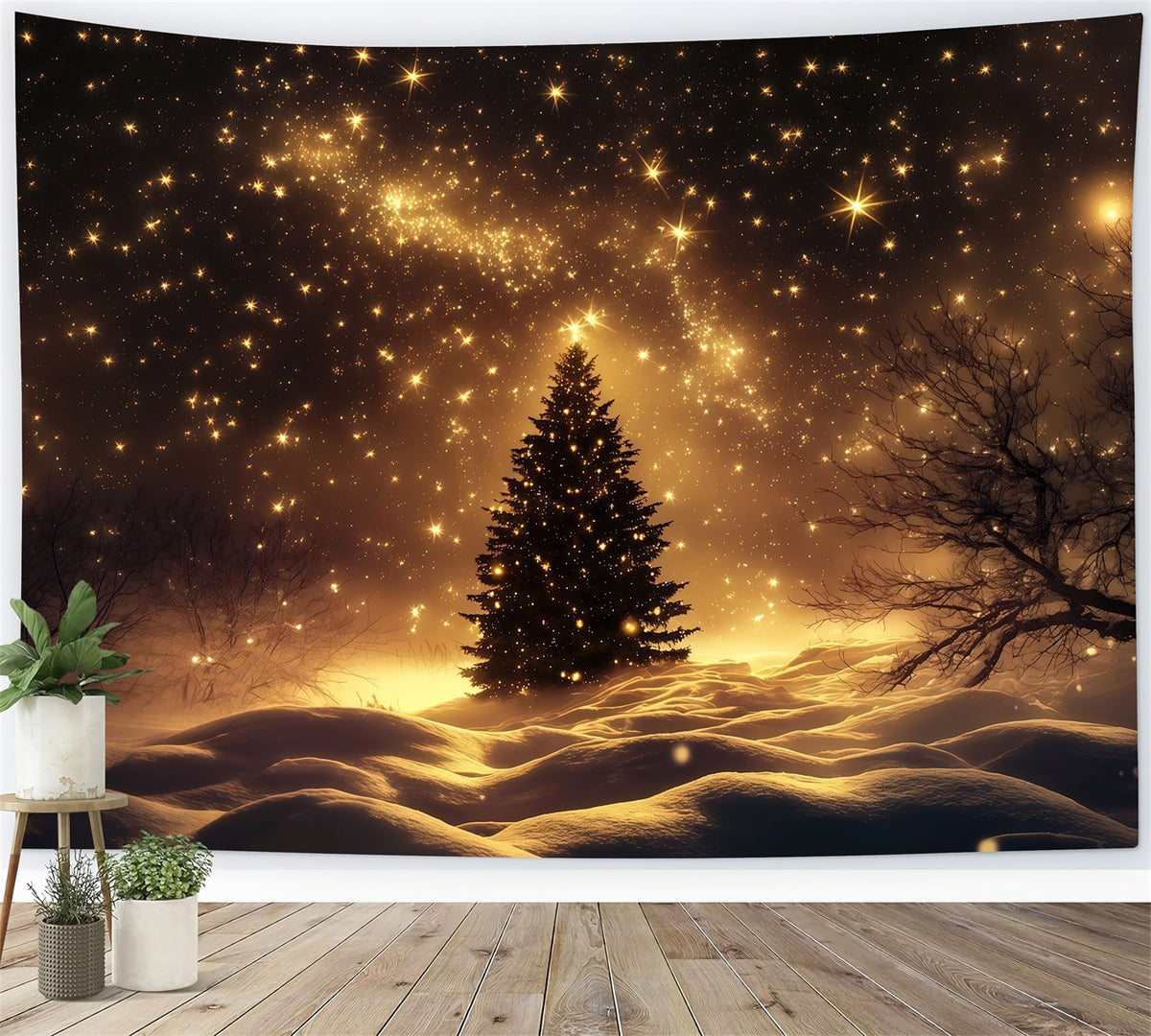 Christmas Snow Backdrop Golden Starry Snowfield Tree Christmas Photo Backdrops RR69-38