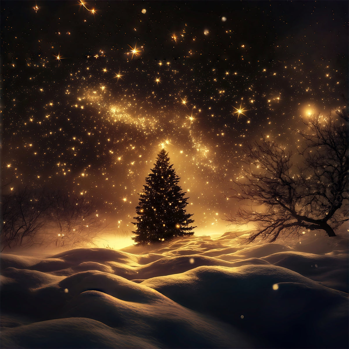 Christmas Snow Backdrop Golden Starry Snowfield Tree Christmas Photo Backdrops RR69-38