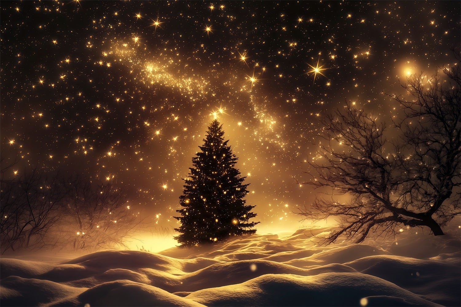 Christmas Snow Backdrop Golden Starry Snowfield Tree Christmas Photo Backdrops RR69-38