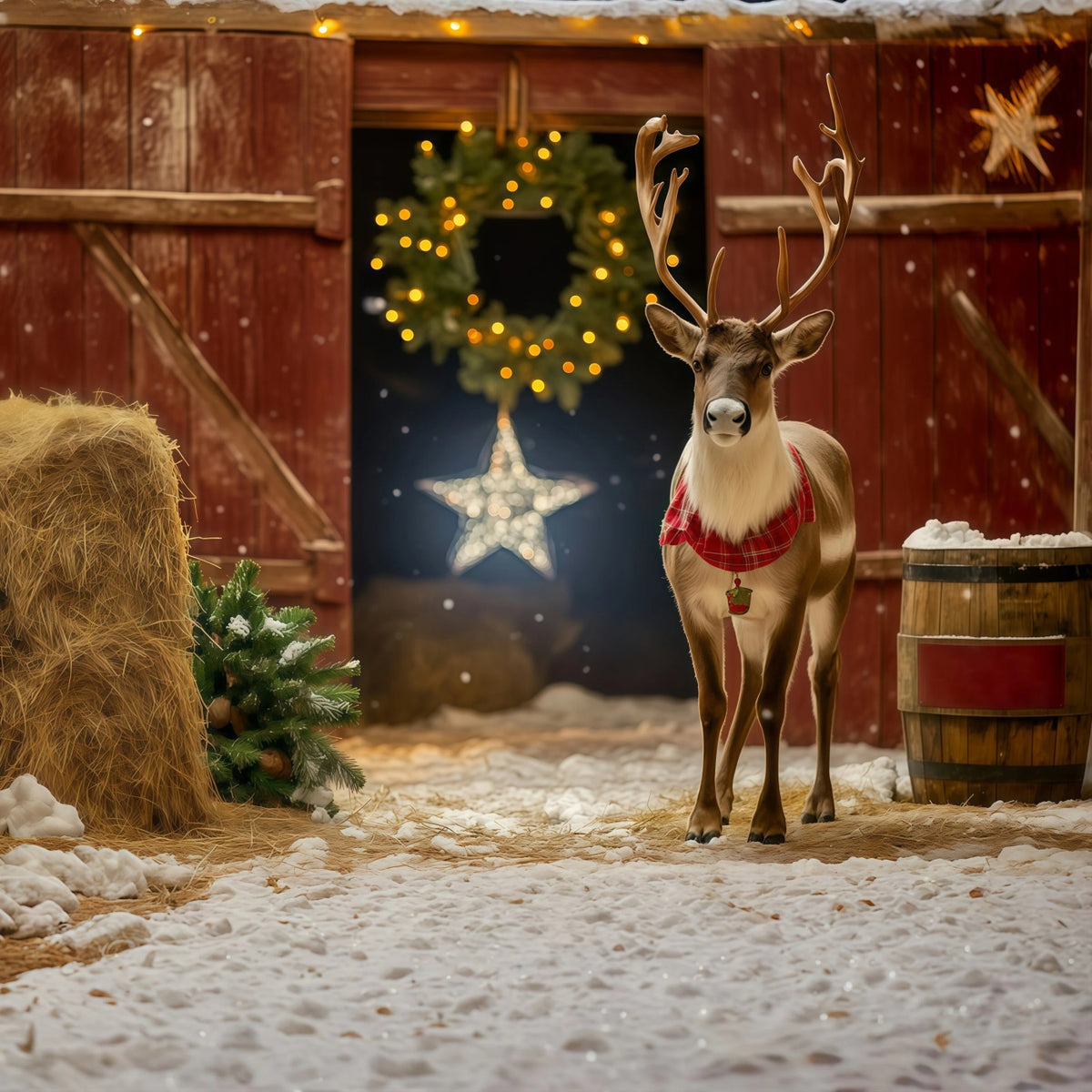 Christmas Barn Door Backdrop Rustic Reindeer Barn Entrance Backdrop Christmas RR69-39