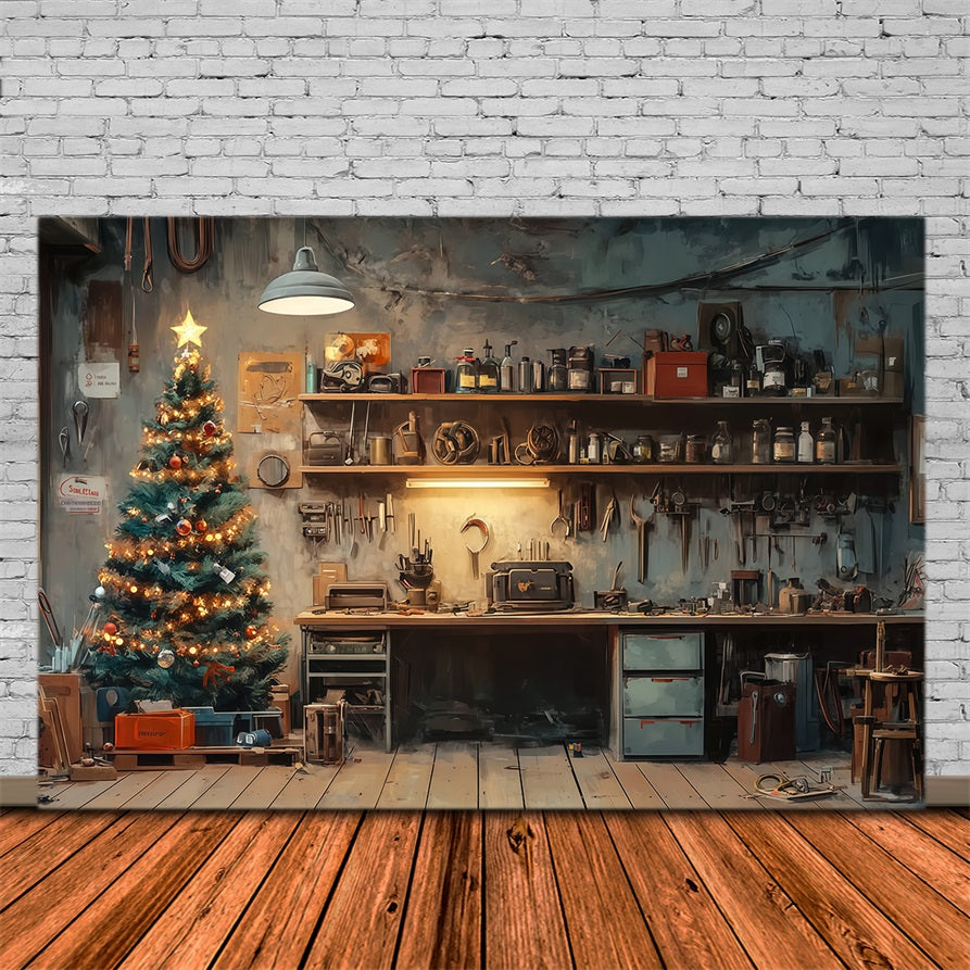 Santa Workshop Backdrop Rustic Room Tree Corner Professional Christmas Backdrops RR69-4