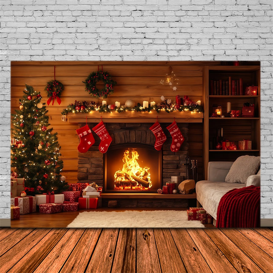 Rustic Christmas Backdrop Cabin Fireplace Stocking Decor Christmas Photography Backdrop RR69-40