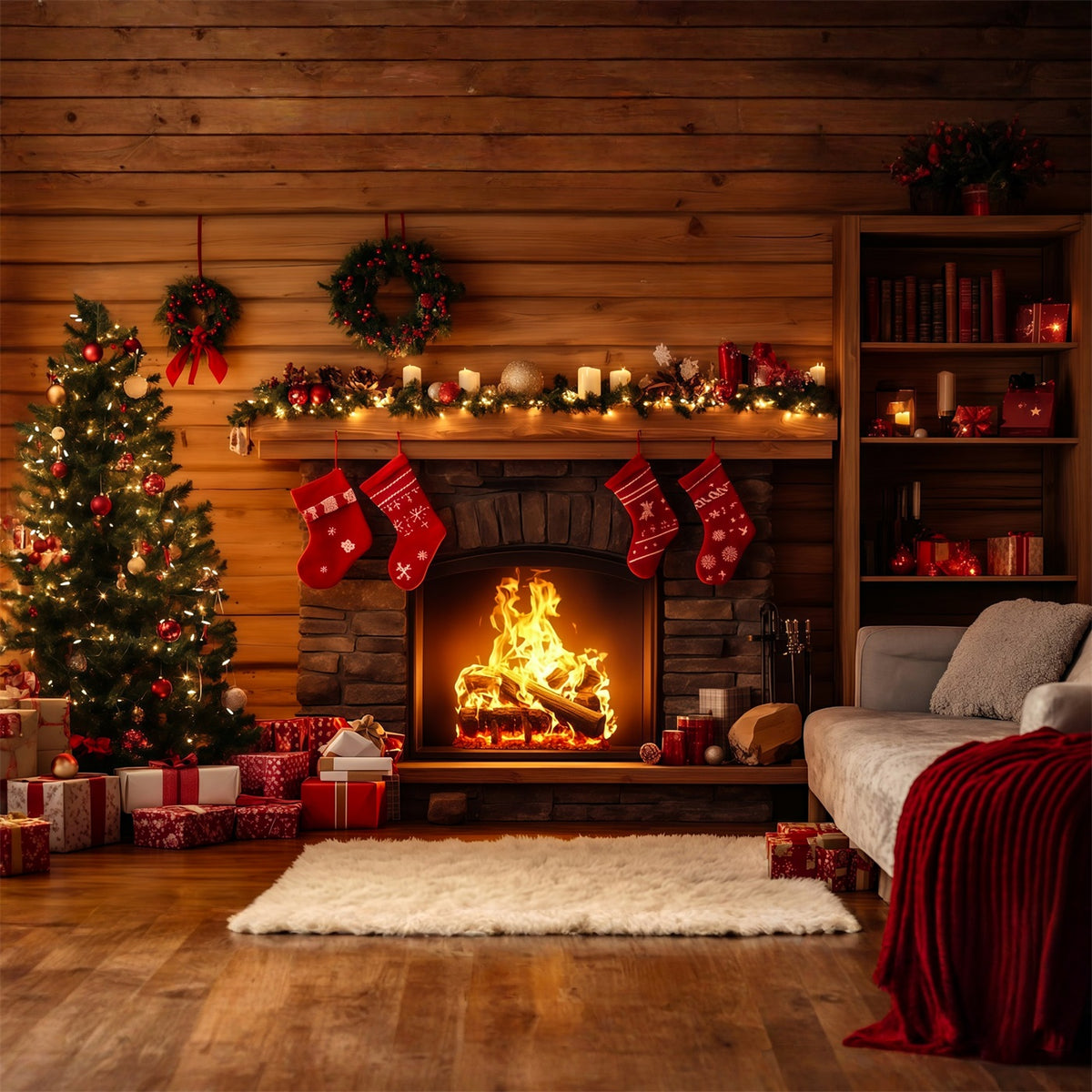 Rustic Christmas Backdrop Cabin Fireplace Stocking Decor Christmas Photography Backdrop RR69-40