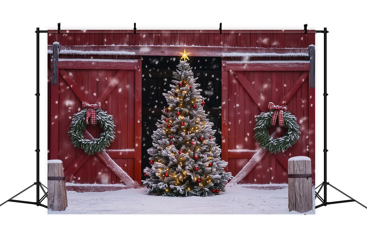 Christmas Barn Door Backdrop Snowy Barn Tree Wreath Professional Christmas Backdrops RR69-41