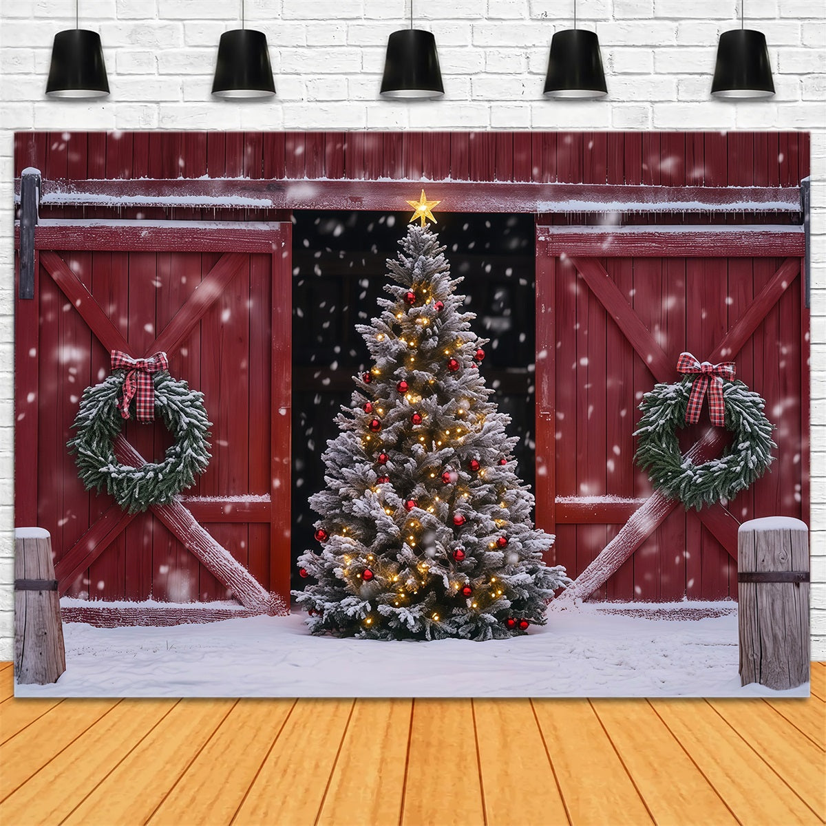 Christmas Barn Door Backdrop Snowy Barn Tree Wreath Professional Christmas Backdrops RR69-41