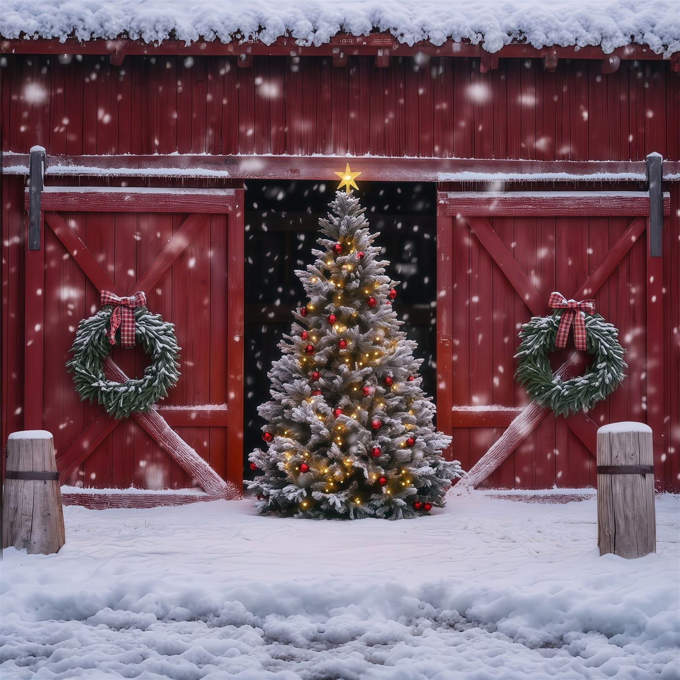 Christmas Barn Door Backdrop Snowy Barn Tree Wreath Professional Christmas Backdrops RR69-41