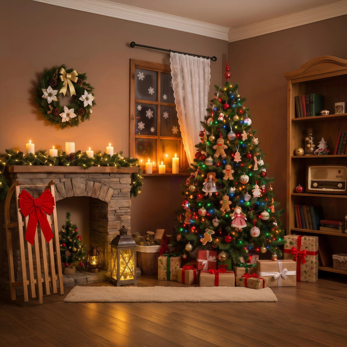 Christmas Night Backdrop Cozy Fireplace Doll Decor Christmas Photography Backdrops RR69-42