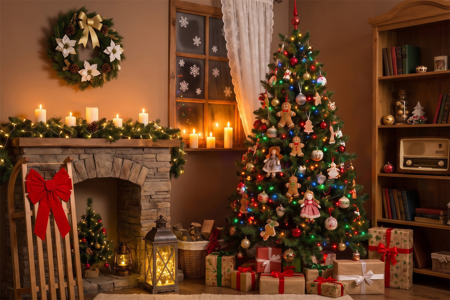 Christmas Night Backdrop Cozy Fireplace Doll Decor Christmas Photography Backdrops RR69-42